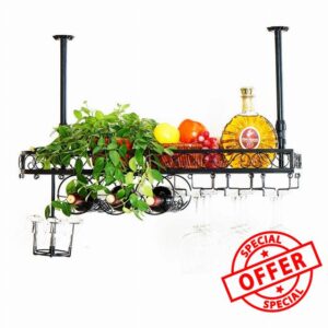 Kitchen Storage Organisation Metal Stemware Racks Ceiling Mounted Hanging Wine Bottle Holder Iron Upside Down Goblet Wine (80×25cm) ( 60×25cm)