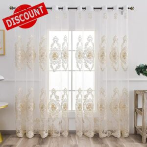 Embroidered Lace Sheer Curtain for Living Room Window Treatment Top Grommet Drape Panels Voile Curtain Decor CLWYAH306 (2 Panels