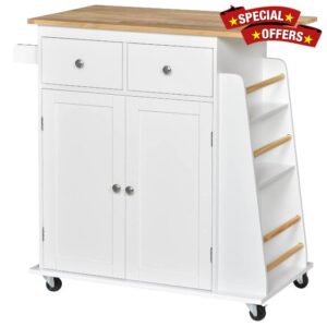 HOMCOM Kitchen Island Storage Cabinet Rolling Trolley with Rubber Wood Top
