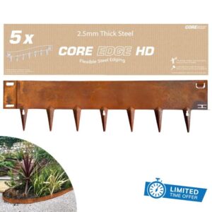 Core Edge Lawn Edging 5m | Flexiborder Steel for Garden Outdoor Pathway Border Edging Lawn Grass |150mm Face Height - 115mm Spike - 2.5mm Thick | Pack of 5 x 1075mm (Corten)