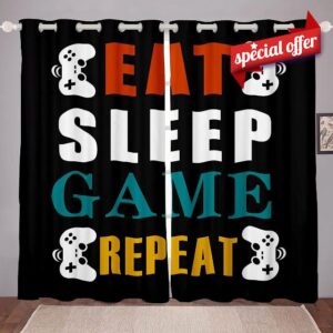 Loussiesd Gaming Curtains Eat Sleep Game Repeat Window Curtain For Children Boys Bedroom Eyelet Room Curtains For Nursery Living Room Bedroom Games Curtain 2 Panels W66*L9