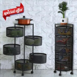 mosegor 5 layer Kitchen Rotating Storage Rack 360° Rotating Storage Shelves Fruit Vegetable Rack Storage Trolley on Wheels with Hollow Mesh Baskets