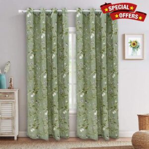 KMSG Green Farmhouse Vintage Printed Floral Birds Patterns Extra Wide Curtains for Sliding Glass Door Decorative Patio Door Panel Window Drapes for Living Room/Bedroom 2 Panels W52 x L84 Inch