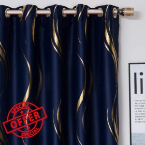 MYRU 2 Panels Set Luxury Striped Blackout Curtains for Bedroom Living Room (Navy and Gold