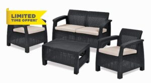 Keter GF06784 Corfu Outdoor 4 Seater Rattan Sofa Furniture Set with Accent Table - Graphite with Cream/Mushroom Cushions