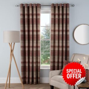 Sleepdown Woven Brushed Check Eyelet Lined Curtains for Bedroom and Living Room 66 x 90 Inch Wine 2 Panels