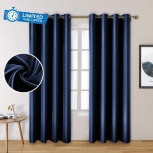 HOMEIDEAS 2 Panels Faux Silk Curtains Navy Blackout Curtains 52 X 84 Inch Drop Room Darkening Satin Curtains for Bedroom