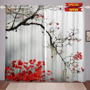 Loussiesd Black and White Curtains Window Panels Print Asian Japanese Style Tree Branch with Red Leaves Set of Window Curtain W66*L90 Drapes for Living Room Bedroom Kitche