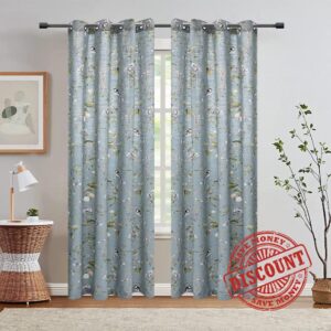 KMSG Blue Farmhouse Vintage Printed Floral Birds Patterns Extra Wide Curtains for Sliding Glass Door Decorative Patio Door Panel Window Drapes for Living Room/Bedroom 2 Panels W52 x L84 Inch