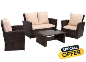 Esterno Living Luxury Garden Furniture Set. Brown Wicker Chairs and 4 Seater Sofa in Woven Outdoor Rattan With Table For Use on Balcony