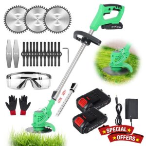 Grass Trimmer Cordless Electric String Trimmer Edger Lawn Mower Weed Brush Cutter Kit Pruning Cutter Garden Tools with Replace Blade & battery for Garden Clearing Weeds Flower Trees(21V)