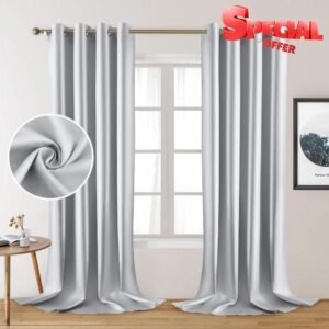 HOMEIDEAS 2 Panels Faux Silk Curtains Greyish White Blackout Curtains 52 X 108 Inch Drop Room Darkening Curtains for Bedroom