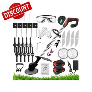 Strimmers Electric Cordless Grass Strimmer Metal Blade Strimmer with Power Display 24V ×2 Lithium Battery Fast Charger and Four Kinds Spare Blades for Garden Clearing Weeds Flower Trees