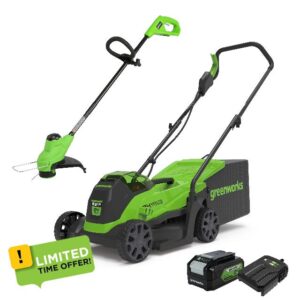 Greenworks Electric Lawn Mower 24V 33cm 30L Grass Catcher Box GD24LM33 and Cordless Grass Trimmer 25cm G24LT25 Auto Feed Head incl. 1 Battery 4Ah & Charge