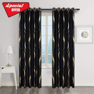 MYRU 2 Panels Set Luxury Striped Blackout Curtains for Bedroom Living Room (Black and Gold
