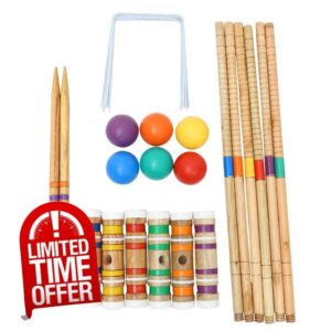 VORCOOL Six Player Croquet Set with Premium Hardwood Mallets Colored Wooden Balls Wickets Stakes for Adults Kids Use Outdoor Sports Yard Lawn Backyard Game Se