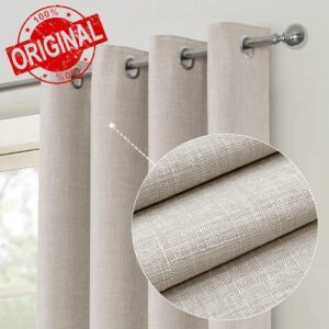 always4u Linen Look 100% Blackout Eyelet Curtains Thermal Energe Saving for Bedroom 1 Pair Noise Reducing Solid Modern Window Treatment for Home Decoration Natural W90*L9