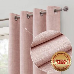 always4u Linen Look 100% Blackout Eyelet Curtains Thermal Energe Saving for Bedroom 1 Pair Noise Reducing Solid Modern Window Treatment for Home Decoration Pink W90*L9