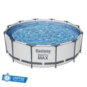 Bestway Steel Pro Max Above Ground Pool - Round Swimming Pool Set Complete with Canopy - Grey Wood Effect - 12f