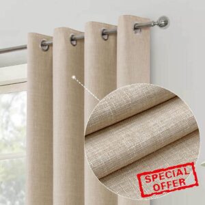 always4u Linen Look 100% Blackout Eyelet Curtains Thermal Energe Saving for Bedroom 1 Pair Noise Reducing Solid Modern Window Treatment for Home Decoration Beige W90*L9