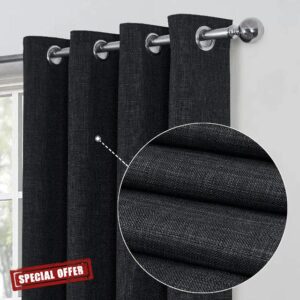 always4u Linen Look 100% Blackout Eyelet Curtains Thermal Energe Saving for Bedroom 1 Pair Noise Reducing Solid Modern Window Treatment for Home Decoration Charcoal Grey W90*L9