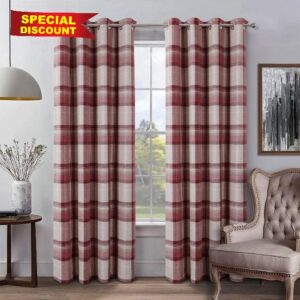 always4u Red Check Curtains Eyelet Red Tartan Highland Wollen Woven Checked Curtains Fully Lined Drapes for Home Decoration Pair of 66 * 90 Inches