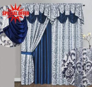 GOHD Samba Star. Jacquard Window Curtain Panel Drape with Attached Fancy Valance and Taffeta Backing. 2pcs Set. Each pc 54" Wide x 90" Drop with 18" Valance. (Navy Blue)