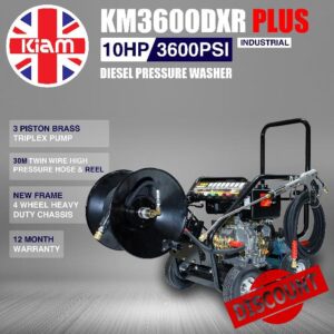 Kiam KM3600DXR Plus 10hp Industrial Diesel Pressure Washer with Gearbox Reduction (3600PSI @ 15 LTR/Min) High Jet Power Driveway Patio Car Block Paving Cleaner c/w 30m Hose & Hose Reel