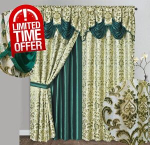 GOHD Samba Star. Jacquard Window Curtain Panel Drape with Attached Fancy Valance and Taffeta Backing. 2pcs Set. Each pc 54" Wide x 90" Drop with 18" Valance. (Hunter Green)