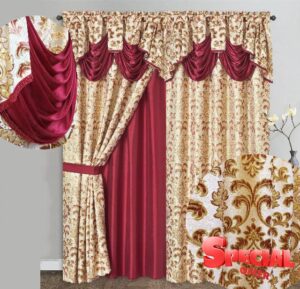 GOHD Samba Star. Jacquard Window Curtain Panel Drape with Attached Fancy Valance and Taffeta Backing. 2pcs Set. Each pc 54" Wide x 90" Drop with 18" Valance. (Burgundy)