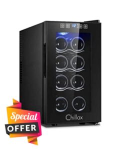 Chillax Freestanding Wine Cooler for Wine Bottles - Digital Display Wine Fridge with Glass Door - 8 Bottle Single-Zone 8-18°C Drink Cooler Fridge