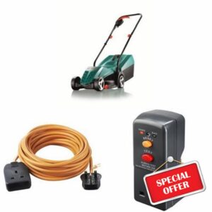Bosch Rotak 32R Electric Rotary Lawnmower with Heavy-Duty Outdoor Power Socket and Safety RCD Adapto