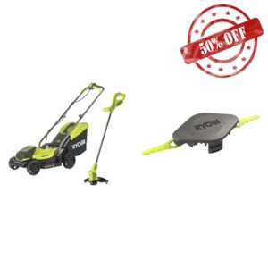 Ryobi 18V ONE+ Cordless Lawnmower and Grass Trimmer Kit (1 x 4.0Ah) & Double Serrated Blades Head for RAC155 Edger Black