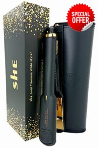 SHE Titanium Gold Wide Hair Straighteners and Travel Pouch