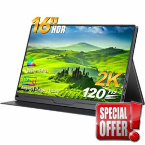 UPERFECT 120Hz Portable Monitor 16 Inch 2K Gaming Monitor Support Freesync/2560 x 1600/HDR/100% sRGB Laptop Monitor with VESA IPS 16:10 Contrast Standard HDMI/Type-C