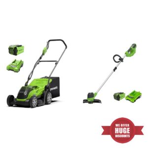Greenworks Battery-Powered Lawnmower G40LM35K (Li-Ion 40V 35cm Cutting Width Up to 200m² Mowing Area) & Battery Lawn Trimmer G40LTK2 (Li-Ion 40 V 30 cm Cutting Width 7000 RPM)