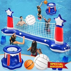 116" Large Inflatable Pool Volleyball Net & Basketball Hoop with 2 Beach Balls American Flag Pool Toys Games for Adults Kids 4th of July Pool Floating Party Supplies(116" x46" x30") Hoop(31" x24")