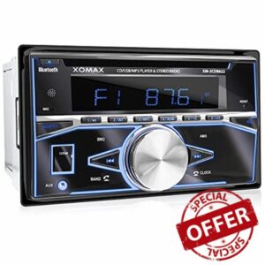 XOMAX XM-2CDB620 Car Stereo with CD-Player + Bluetooth hands-free & music streaming + USB port (plays up to 128 GB) and micro-SD-Card-slot (plays up to 128 GB) for MP§ & WMA + 3 light colours adjustable: Blue Red Green + AUX-IN + FM radio + Double-DIN / 2-DIN standard dimensions + 2x Connection for Subwoofer + futuristic design: carbon look + incl. remote control