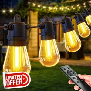 PBGMRT Outdoor Festoon Lights Mains Powered - 100ft/30m Outside String Lights 30+2 S14 LED Dimmable Bulbs with Remote