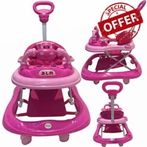Baby Walker with Foldable Wheels - Baby Walkers for Boys and Girls - Baby sit in Walker Music Ride on Walk Along with Activity Toys with Handle - Walker for Babies 6 Months Plus (Pink)