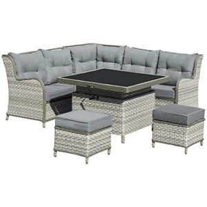 Outdoor Wicker Sectional Conversation Aluminum Frame Furniture Set w/Thick Padded Cushion & Liftable Coffee Table