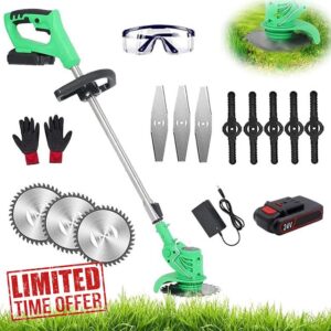 Battery Lawnmower Brush Electric Battery Lawnmower Teles Lightweight Lawnmower with 24V 650W Battery and 3 Metal Blades Grass Trimmer Kit Brush Garden Tools
