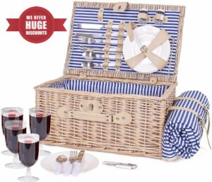 Wicker Picnic Basket for 4 Picnic Set with Large Insulated Cooler Compartment & Waterproof Blanket & Cutlery Service Kit Willow Picnic Hamper Set for Camping Outdoor Birthday Party
