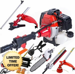 Dealourus 5 in 1 Multi Function Garden Tool Petrol Strimmer Brush Cutter Chainsaw hedge trimmer pruner power sweeper broom extension pole