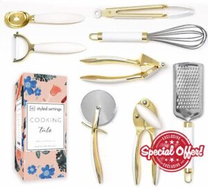 White & Gold Kitchen Tools and Gadgets - Luxe 8PC Cooking Tools and Gadgets with Anti-Slip Handles