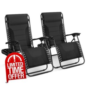 KEPLIN Set of 2 Heavy Duty Textoline Zero Gravity Chairs for Garden Light Reclining Patio Sun loungers Easy to Clean Adjustable Head Rest Foldable with Cup & Phone Holder (Black)