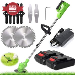 HLCUI Cordless Electric String Trimmer Edger Lawn Mower Weed Brush Cutter Kit Pruning Cutter Garden Tools with Replace Blade & Battery for Garden Clearing Weeds Flower Trees