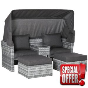 Outsunny 3 Pieces Outdoor PE Rattan Patio Furniture Set Daybed 2-Seater Sofa Footstool Tempered Glass Coffee Table Conversation Set with Retractable Canopy