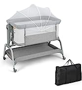GYMAX Baby Beside Crib, 3-in-1 Infant Bassinet with Soft Mattress, Storage Basket and Wheels, Hei...