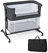 GYMAX 3-in-1 Baby Beside Crib, Height & Angle Adjustable Side Bassinet with Lockable Wheels and C...